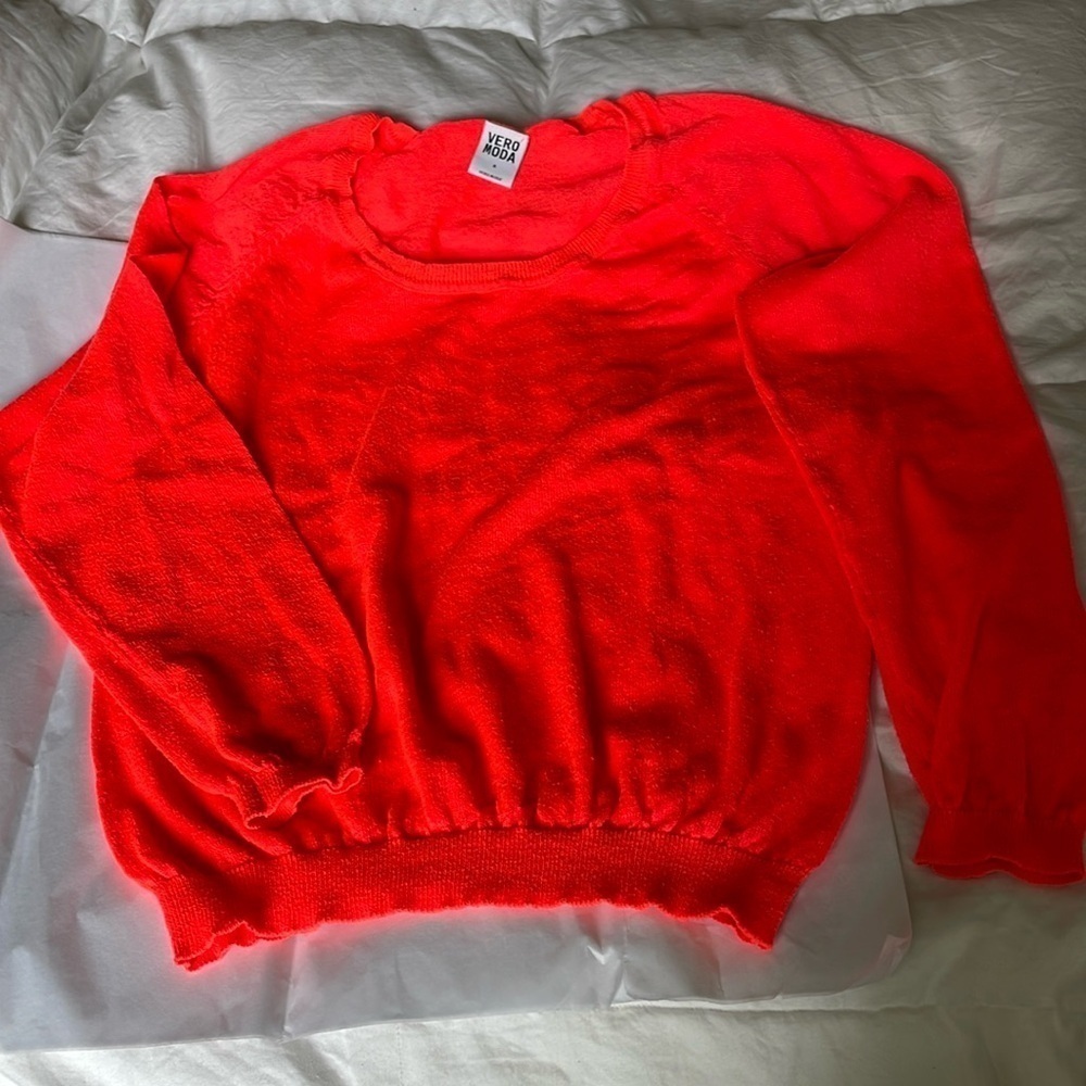 Vero Moda Neon Orange Finely Knit, Scoop Neck Lightweight Sweater, Size M